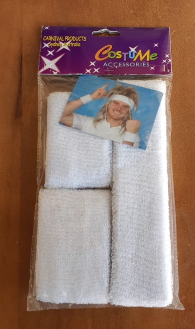 Sweatband and wrist bands, white, cotton/elastic, by 'Carnival Products'