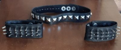 Punk choker and 2 wrist bands, leather/metal, black