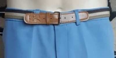 Belt, 1970's, canvas/leather, brown/blue stripes, size S-M