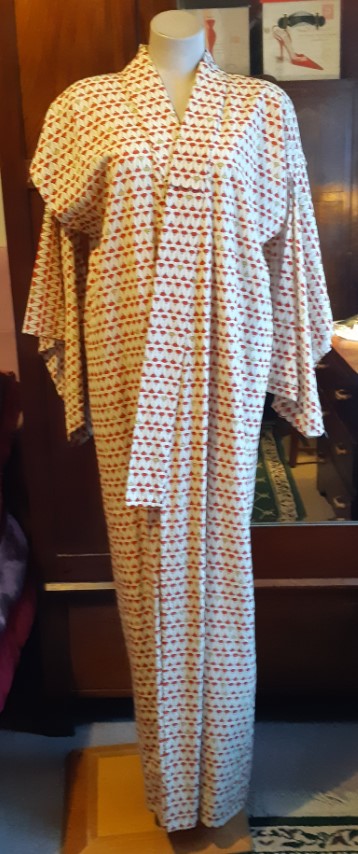 Kimono, Beige/red print, rayon/cotton, handmade, one size