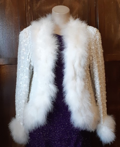 Vintage Sequined Evening Jacket, Cream, Faux Fur Trim, by 'Odee Of California' size 12-14