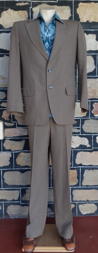 1970's Suit, Tan striped, polyester/wool, by 'Freedman' size M