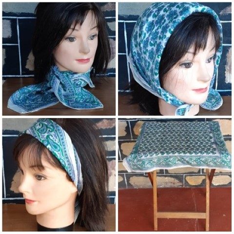 Vintage Paisley Head scarf, green/blue/cream, rayon