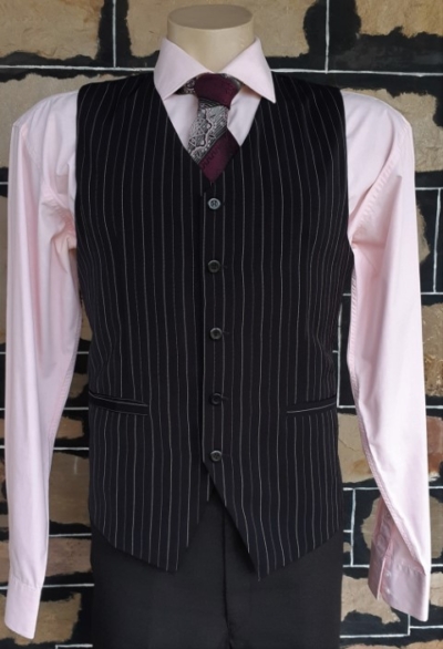 Waistcoat, Black Pinstriped, polyester, by 'Queensland Costume Supplies' size M-L