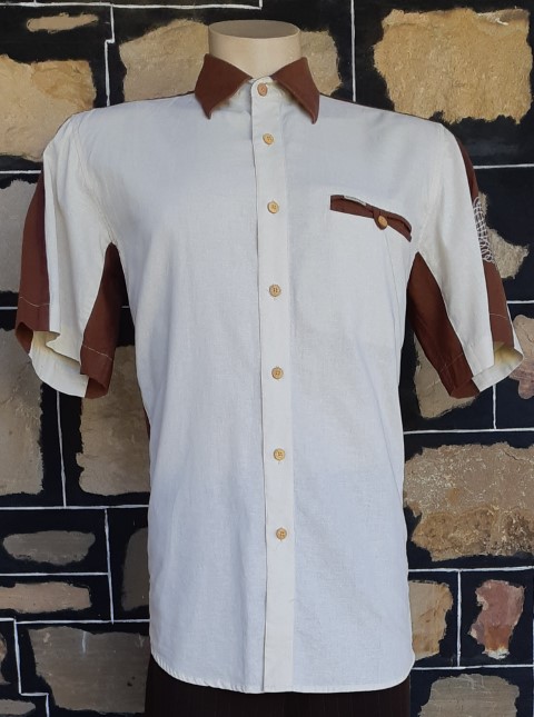 Retro Short Sleeve Shirt, Linen, cream/brown, by 'Maestro', Spain, size L-XL