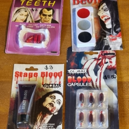 Vampire Teeth, Fake Blood Capsules, Stage Blood tube, Devil Face Paint set, by 'Global Products', nontoxic