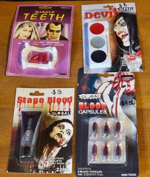 Vampire Teeth, Fake Blood Capsules, Stage Blood tube, Devil Face Paint set, by 'Global Products', nontoxic