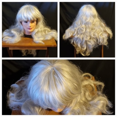 Extra Long Grey Wig with fringe, synthetic fibre.
