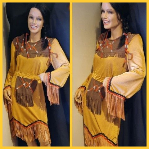 Indigenous American Costume, Dress with Wig, Gold, polyester, by 'Costume Collection', size 12