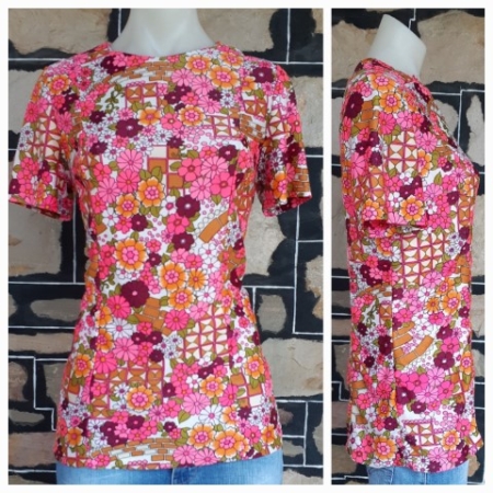 1960's, Daisy Print Top, pink, polyester, handmade, size 10