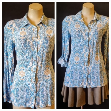 1970's Paisley Blouse, blue tones, Rayon/cotton, size M