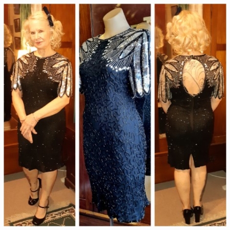 1980's Party Frock, Black/silver, Sequins/beads, nylon, by 'Lawrence Kazar New York', size 12