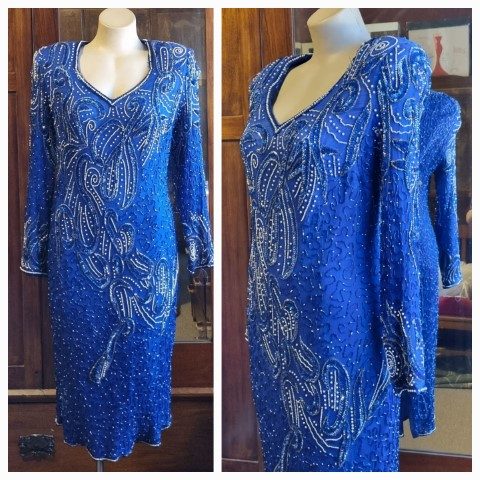 1980’s, Party Frock, Beaded, Electric Blue/silver, silk/polyester, by ‘Stenay, USA’, size 14