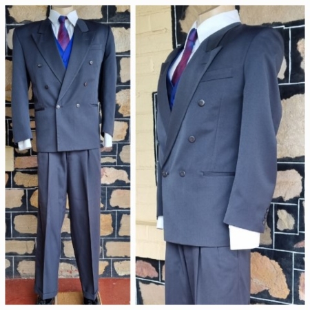 1980's, Double Breasted 2 piece Suit, Slate, Gaberdine, by 'Cennini of Fiji', size S-M