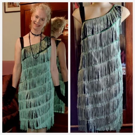 Flapper Dress, Green/black, polyester, handmade, size 14