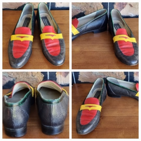 1950's Loafers, Leather snakeskin, Navy/red/yellow, by 'Taranto Internationale', size 9.5