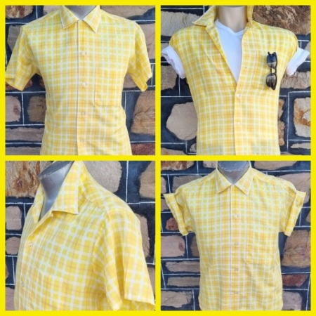 1950's Short Sleeve Shirt, yellow check, poly/cotton, by 'Permanent Press', USA, size M