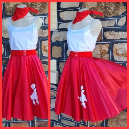 Full Circle Skirt, Red with poodle applique, Polyester with headscarf & belt, size 6-8