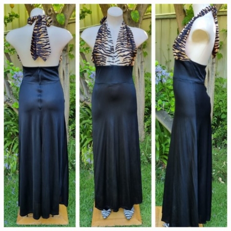 1970's Halter Neck Maxi Dress, Black/animal print, Acetate, Made in England, size 10