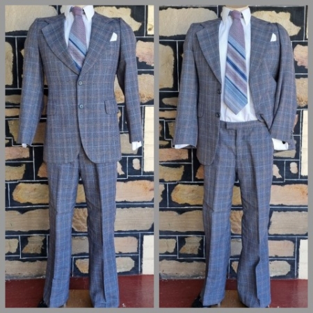 1970's, Blue Checked Suit, flared pants, wool/poly, by 'John Collier, Yugoslavia', size S