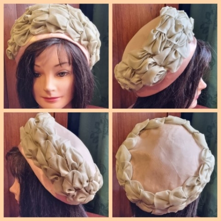 1950's Pill Box Hat, Nylon/satin, Sage/coffee, size 55cm circumference