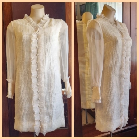 1960's Chiffon mini dress, cream, pintucked front, by 'Bond Street Fashion of London', size XS