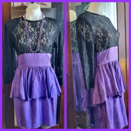 1980's Party Dress, Purple silk Peplum skirt, black lacey top, handmade, size 10