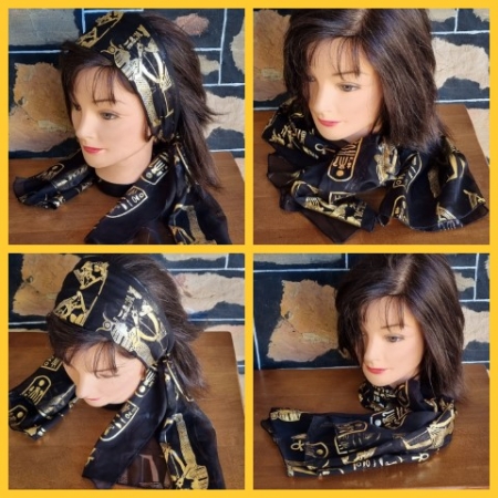 Scarf, Long, Black/gold, Egyptian Print, nylon.