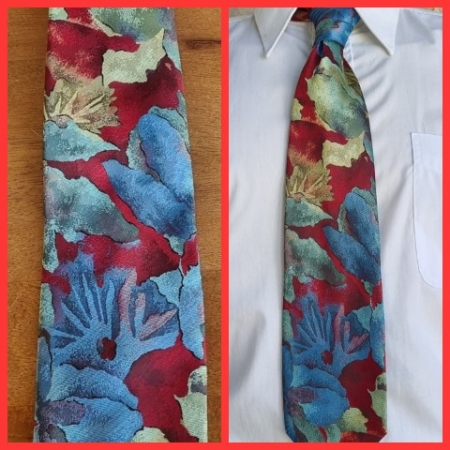 Tie,1980's, polyester, by 'Comme Soie', maroon/blue, green floral print.