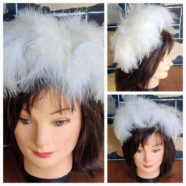 Vintage Crescent Hat, White Feathers, handmade