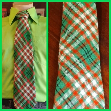 Vintage Tie, Wool, Lime green tartan, by 'Hollygreen' 1970's