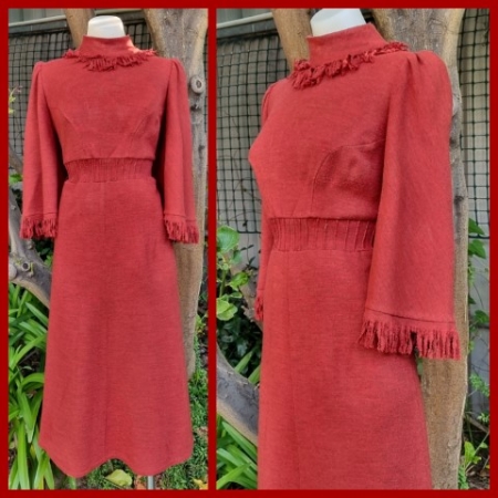 1970's Peasant Dress, Wool/polyester, burnt orange, handmade, size 14