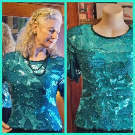 1980's Sequined Evening top, green, silk, by 'Diana Rego', USA, size 12