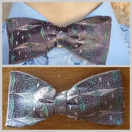 1940's Bow Tie, Grey print, silk, bow spring, Made in Australia.