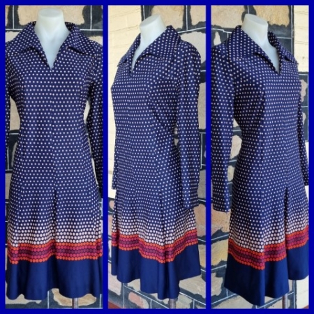 1970's A-Line dress, polyester, Navy print, by 'Diolen of Europe', size 12