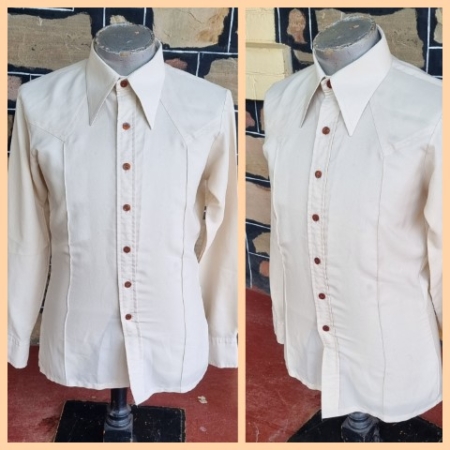 Vintage Casual shirt, 1970's, cream, slim fit, polyester, by 'Christopher John of Sydney', size M