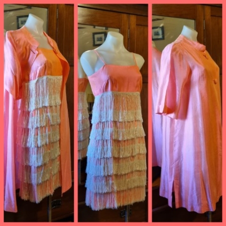 1960's Ensemble, Swing Coat and Flapper Dress, Coral, Nylon, Handmade, size 6-8