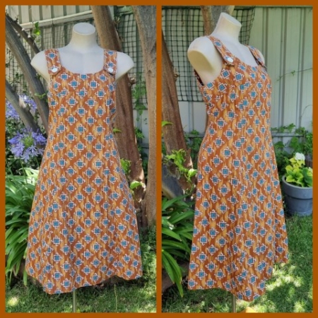 1970's A-line, Summer Dress, Brown/blue print, cotton, size 14-16
