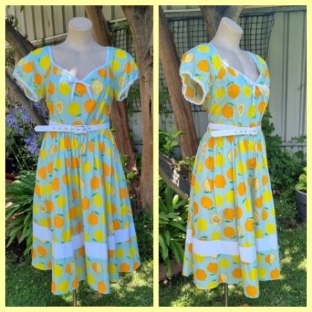 1950's Inspired Swing Dress by 'Unique Vintage', cotton, citrus fruit print, size 12