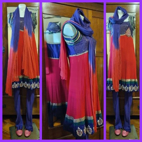 Indian Salwar Kameez and Shawl, Silk/nylon/polyester, Made in Fiji, size 8-10