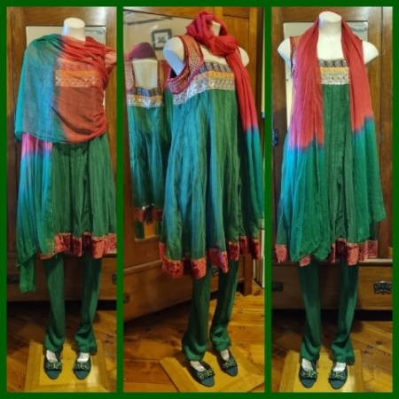 Indian Salwar Kameez, Tunic Dress, pants & Shawl, Made in Fiji, Green/red, silk/nylon/polyester, size 14