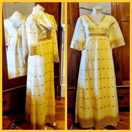 1960's, Middle Eastern Dress with Sari, Yellow, nylon/polyester, handmade, size 8-10