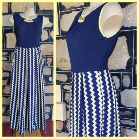 1960's Inspired Maxi dress, Navy/yellow print, Nylon, by 'Aimei'. size 10
