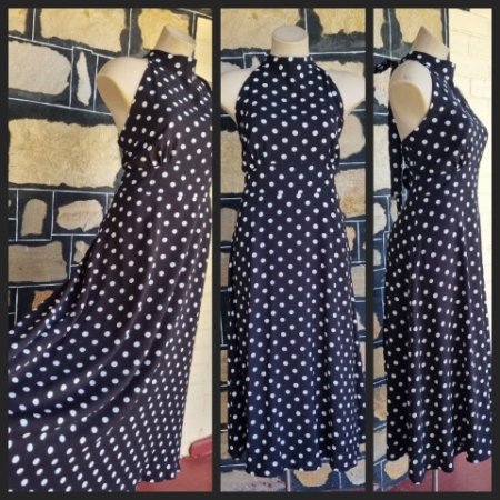 1990's, Halter Neck swing dress, Black/white, polka-dot, by 'Calli', size 14