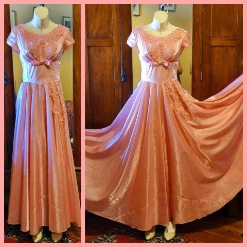 1950's, Satin Gown, Pink, full skirt, handmade, size 8
