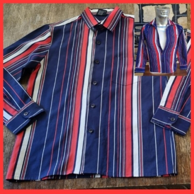 1970's Boys Disco Shirt, Red/navy/white striped, by 'Ambassador', polyester, size 8-10