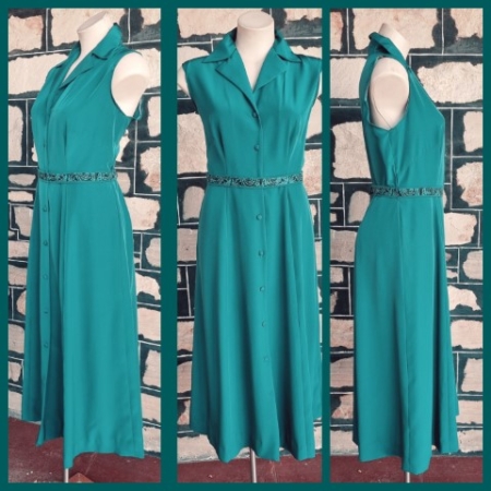 1970's Sleeveless Dress, button through, A-Line, forest green, polyester, size 14
