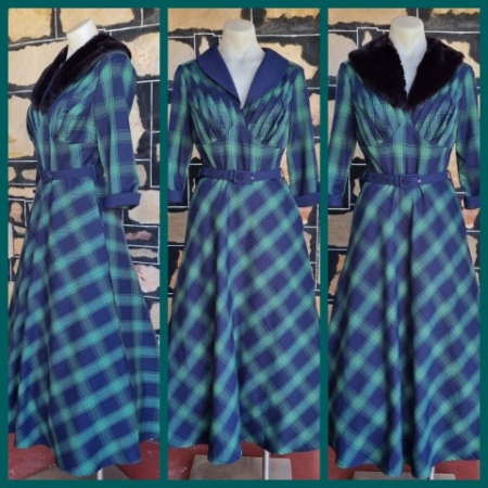 1940's Inspired Swing Dress by 'Voodoo Vixen', Green tartan, polyester/rayon, size S