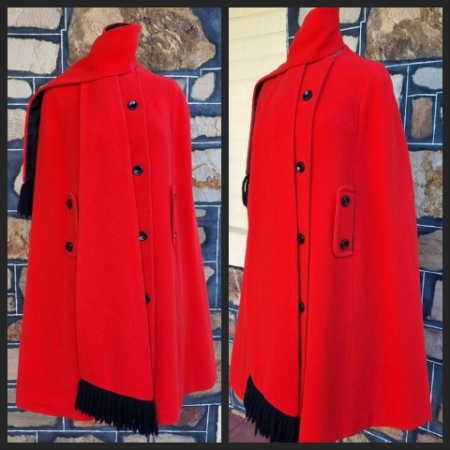 1960's, Wool Cape and Scarf, Red, by 'Haute Courte of England', size S-M