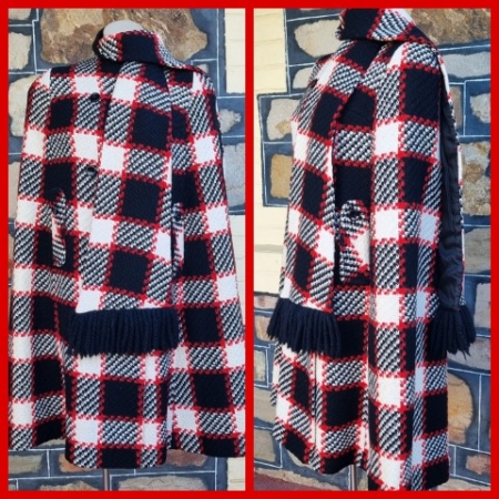 1960's, Wool Cape and Scarf, Checked, Red/Cream/Black, by 'Richard Shops of England', size S-M